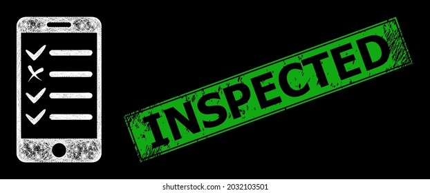 Flare network mobile check list model with glowing spots, and green rectangle dirty Inspected seal. Constellation vector model created from mobile check list icon and crossed white lines.
