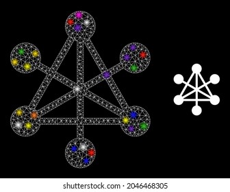 Flare network nodes constellation icon with light spots. Illuminated vector constellation based on network nodes icon. Sparkle frame polygonal network nodes on a black background.