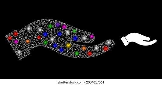 Flare network petition palm constellation icon with lightspots. Illuminated vector constellation based on petition palm icon. Sparkle carcass polygonal petition palm on a black background.
