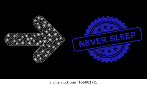 Flare network right direction with glowing spots, and Never Sleep corroded ribbon seal imitation. Blue stamp seal contains Never Sleep title inside rosette.