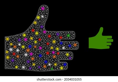 Flare network thumb up constellation icon with lightspots. Illuminated vector constellation based on thumb up glyph. Sparkle frame polygonal thumb up on a black background.