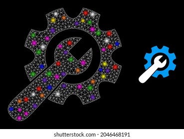 Flare network wrench with gear constellation icon with lightspots. Illuminated vector constellation based on wrench with gear picture. Sparkle carcass polygonal wrench with gear on a black background.