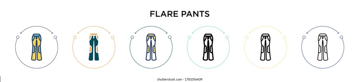 Flare pants icon in filled, thin line, outline and stroke style. Vector illustration of two colored and black flare pants vector icons designs can be used for mobile, ui, web