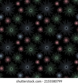 Flare salute spark seamless pattern dark background for textile design and wrapping paper, eps 10 vector illustration