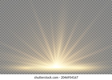 Flare special effect with rays of light and magic sparkles, yellow glow lights sun rays, bright and shining golden star, star explosion on transparent background, vector illustration, eps 10.