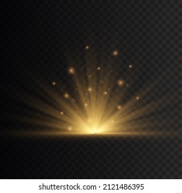 Flare special effect with rays of light and magic sparkles. Sunlight special lens flash light effect. Yellow sun rays radiance on transparent background. Bright and shine golden star explosion. Vector