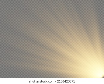 Flare special effect with rays of light and magic sparkles. Sunlight special lens flash light effect. Bright and shine golden star explosion. Yellow sun rays radiance on transparent background. Vector