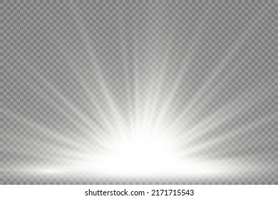 Flare special effect with rays of light and magic sparkles, bright and shining white star, star explosion on transparent background, white glow lights sun rays, vector illustration, eps 10.