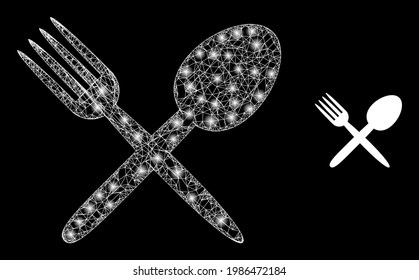 Flare web fork and spoon with glowing spots. Wire frame flat mesh generated with crossing white lines and fork and spoon icon. White mesh and sparkle frame mesh fork and spoon on a black background.