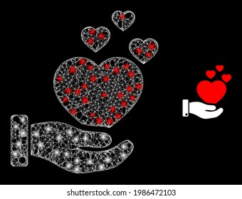 Flare web hand offer love hearts with lightspots. Wire frame 2D mesh generated with crossing white lines and hand offer love hearts icon.