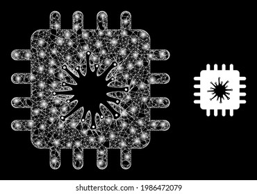 Flare web infected chip with glowing spots. Linear frame 2D mesh generated with crossed white lines and infected chip icon. White mesh and sparkle frame polygonal infected chip on a black background.