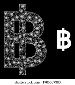 Flare web model bitcoin currency with light spots. Linear carcass flat mesh generated with crossed white lines and bitcoin currency icon.