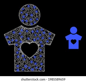Flare Web-Model Freund mit leuchtenden Flecken. Lineare 2D Maschen aus Karkasse, erzeugt mit kreuzigen weißen Linien und Freund-Icon. Weißer Mesh- und funkelnder Maschen-Freund auf schwarzem Hintergrund.