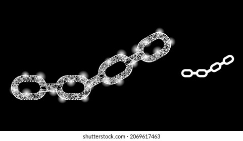Flare web model chain with light spots. Linear carcass 2D mesh generated with intersected white lines and chain icon. White mesh and sparkle frame mesh chain on a black background.
