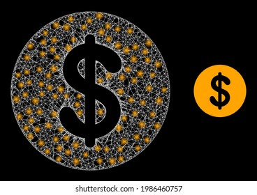 Flare web model dollar coin with lightspots. Linear frame flat mesh generated with intersected white lines and dollar coin icon.