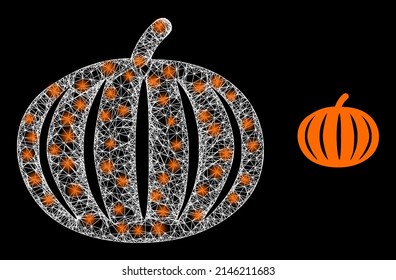 Calabaza de cosecha de modelos de telaraña con manchas brillantes. Malla plana de canal de cables generada a partir de líneas blancas cruzadas e icono de calabaza de cosecha.