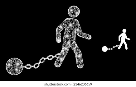 Flare web model slave iron with glowing spots. Linear carcass 2D mesh generated from crossed white lines and slave iron icon. White mesh and sparkle carcass polygonal slave iron on a black background.