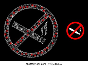 Flare web model smoking forbidden with light spots. Wire carcass 2D mesh generated with crossed white lines and smoking forbidden icon.