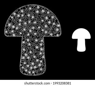 Flare web mushroom with glowing spots. Wire carcass 2D mesh generated from crossing white lines and mushroom icon. White mesh and sparkle carcass mesh mushroom on a black background.