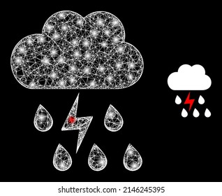 Flare web thunderstorm weather with lightspots. Wire frame flat mesh generated from crossing white lines and thunderstorm weather icon.