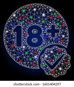 Flare white mesh adults only with sparkle effect. Abstract illuminated model of adults only. Shiny wire carcass triangular mesh adults only icon. Vector abstraction on a dark blue gradient background.
