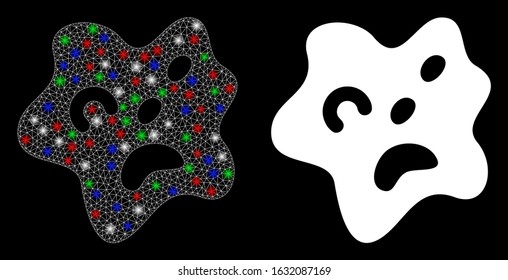 Flare white mesh amoeba with sparkle effect. Abstract illuminated model of amoeba. Shiny wire frame triangular mesh amoeba icon on a black background. Vector 2d mesh built from triangles,