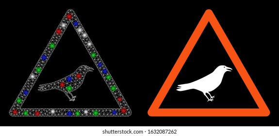 Flare white mesh bird warning with glitter effect. Abstract illuminated model of bird warning. Shiny wire carcass triangular network bird warning icon on a black background.