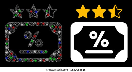 Flare white mesh bond rating with glow effect. Abstract illuminated model of bond rating. Shiny wire carcass triangular mesh bond rating icon on a black background.