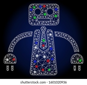 Flare white mesh boss robot with glare effect. Abstract illuminated model of boss robot. Shiny wire carcass triangular network boss robot icon. Vector abstraction on a dark blue gradient background.