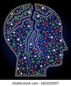 Flare white mesh brain cancer with sparkle effect. Abstract illuminated model of brain cancer. Shiny wire carcass triangular mesh brain cancer icon.