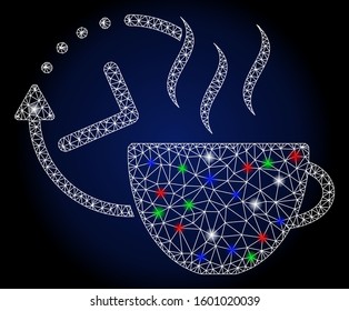 Flare white mesh coffee break with sparkle effect. Abstract illuminated model of coffee break. Shiny wire frame triangular mesh coffee break icon.