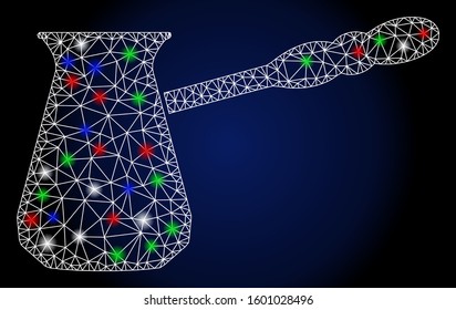 Flare white mesh coffee cezve with glow effect. Abstract illuminated model of coffee cezve. Shiny wire carcass polygonal mesh coffee cezve icon. Vector abstraction on a dark blue gradient background.