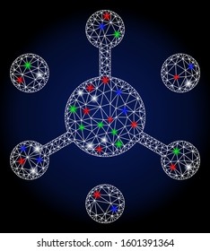 Flare white mesh data network with glare effect. Abstract illuminated model of data network. Shiny wire frame triangular mesh data network icon. Vector abstraction on a dark blue gradient background.