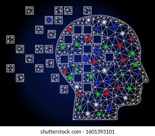 Flare white mesh digital mind with glitter effect. Abstract illuminated model of digital mind. Shiny wire carcass polygonal mesh digital mind icon.