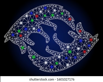 Flare white mesh dog eat dog with glitter effect. Abstract illuminated model of infinit competition. Shiny wire carcass triangular mesh dog eat dog icon. Vector abstraction on a dark blue gradient