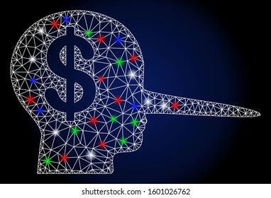 Flare white mesh financial scammer with lightspot effect. Abstract illuminated model of financial scammer. Shiny wire frame triangular mesh financial scammer icon.