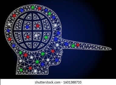 Flare white mesh global liar with lightspot effect. Abstract illuminated model of global liar. Shiny wire frame triangular mesh global liar icon. Vector abstraction on a dark blue gradient background.