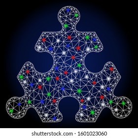 Flare white mesh hex puzzle item with sparkle effect. Abstract illuminated model of hex puzzle item. Shiny wire carcass triangular mesh hex puzzle item icon.
