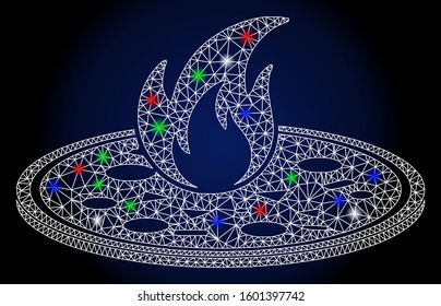 Flare white mesh hot pizza with glare effect. Abstract illuminated model of hot pizza. Shiny wire carcass polygonal mesh hot pizza icon. Vector abstraction on a dark blue gradient background.