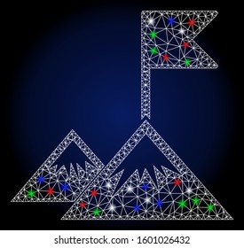 Flare white mesh mission flag with glitter effect. Abstract illuminated model of mission flag. Shiny wire frame triangular mesh mission flag icon.