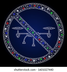 Flare white mesh no airdrone with glare effect. Abstract illuminated model of no airdrone. Shiny wire frame triangular mesh no airdrone icon. Vector abstraction on a dark blue gradient background.