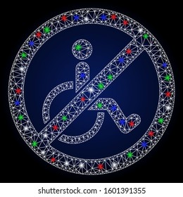 Flare white mesh no disabled persons with lightspot effect. Abstract illuminated model of no disabled persons. Shiny wire carcass polygonal mesh no disabled persons icon.