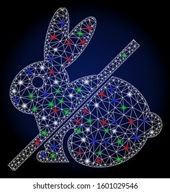 Flare white mesh no rabbit with glow effect. Abstract illuminated model of no rabbit. Shiny wire frame polygonal mesh no rabbit icon. Vector abstraction on a dark blue gradient background.