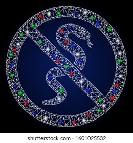 Flare white mesh no snake with sparkle effect. Abstract illuminated model of no snake. Shiny wire carcass triangular mesh no snake icon. Vector abstraction on a dark blue gradient background.