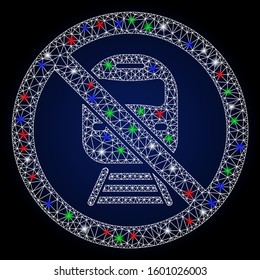 Flare white mesh no train with sparkle effect. Abstract illuminated model of no train. Shiny wire carcass triangular mesh no train icon. Vector abstraction on a dark blue gradient background.