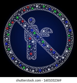 Flare white mesh no waiter with glitter effect. Abstract illuminated model of no waiter. Shiny wire frame polygonal mesh no waiter icon. Vector abstraction on a dark blue gradient background.