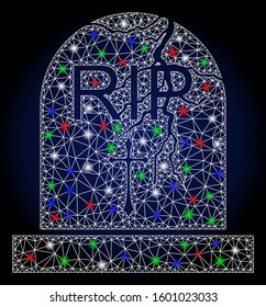 Flare white mesh old grave with lightspot effect. Abstract illuminated model of old grave. Shiny wire frame polygonal mesh old grave icon. Vector abstraction on a dark blue gradient background.