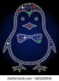 Flare white mesh penguin bow with sparkle effect. Abstract illuminated model of penguin bow. Shiny wire frame polygonal mesh penguin bow icon. Vector abstraction on a dark blue gradient background.