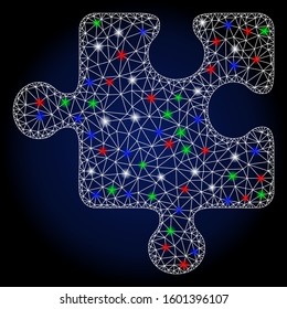 Flare white mesh puzzle detail with sparkle effect. Abstract illuminated model of puzzle detail. Shiny wire frame polygonal network puzzle detail icon.