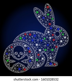 Flare white mesh rabbit toxin with sparkle effect. Abstract illuminated model of rabbit toxin. Shiny wire frame triangular mesh rabbit toxin icon.